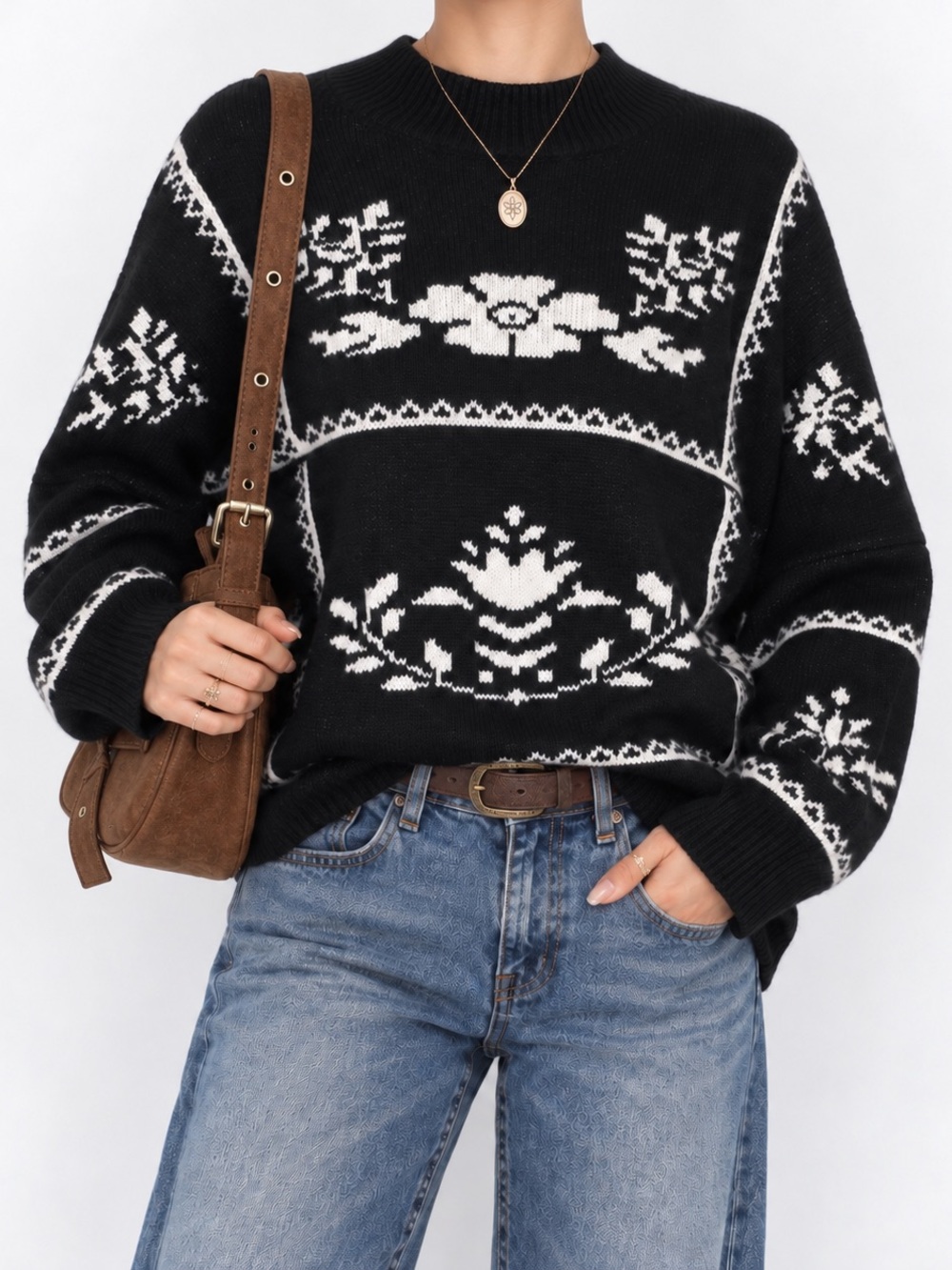 Polagram Black & White Floral Fair Isle Crew Sweater
